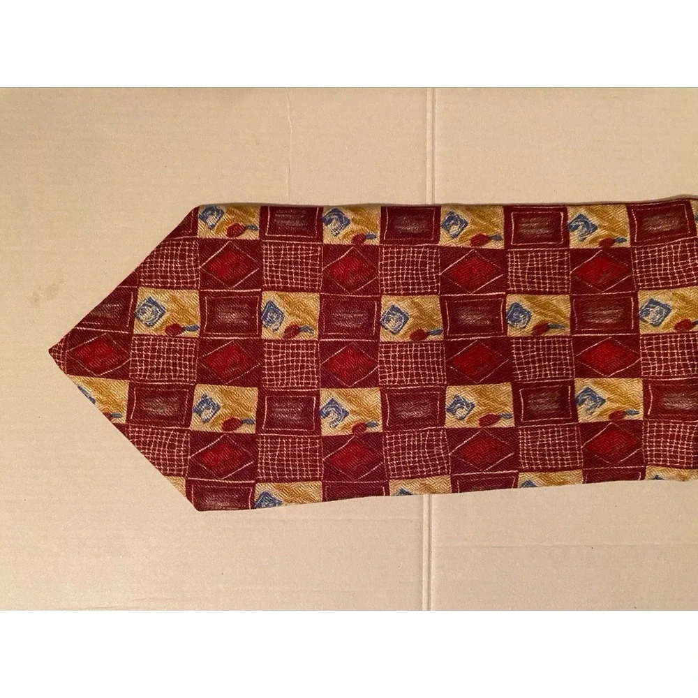 Chatterbox Joe Boxer Mens Silk Tie Geometric Grid Burgundy Gold Made in Italy